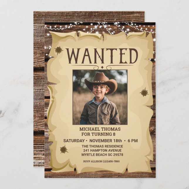 Photo Western Fun Wanted Poster Any Age Birthday  Invitation (Front/Back)