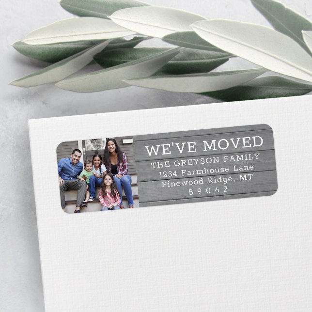Photo We've Moved Rustic Grey Wood Return Address Label (Creator Uploaded)