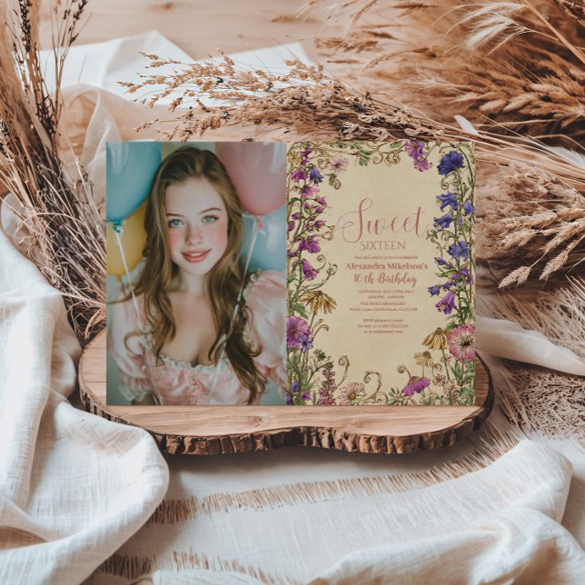Photo Whimsical Floral Meadow Sweet Sixteen Invitation (Creator Uploaded)
