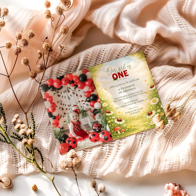 Photo Whimsical Garden Lady Bug 1st Birthday Invitation (Creator Uploaded)