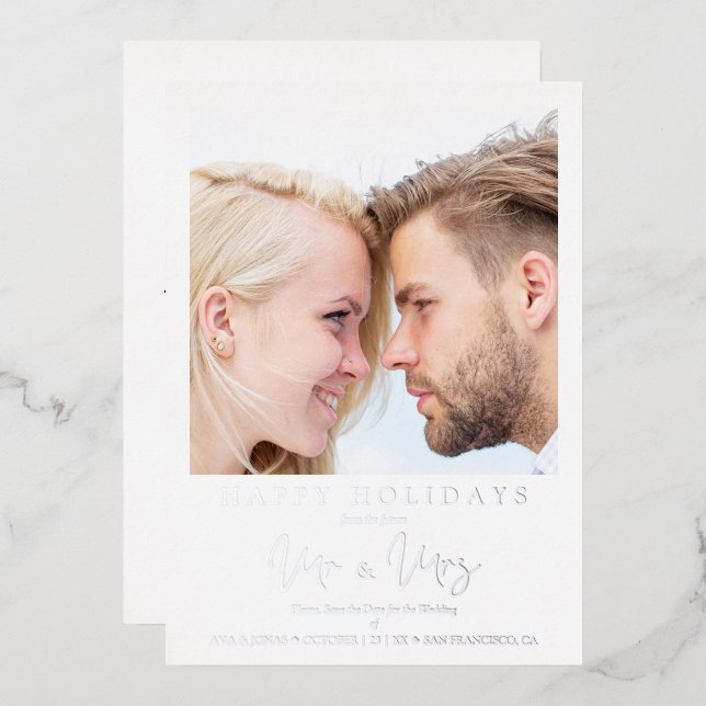 Photo Whimsical MR & MRS Christmas Wedding Foil Holiday Card (Front/Back)