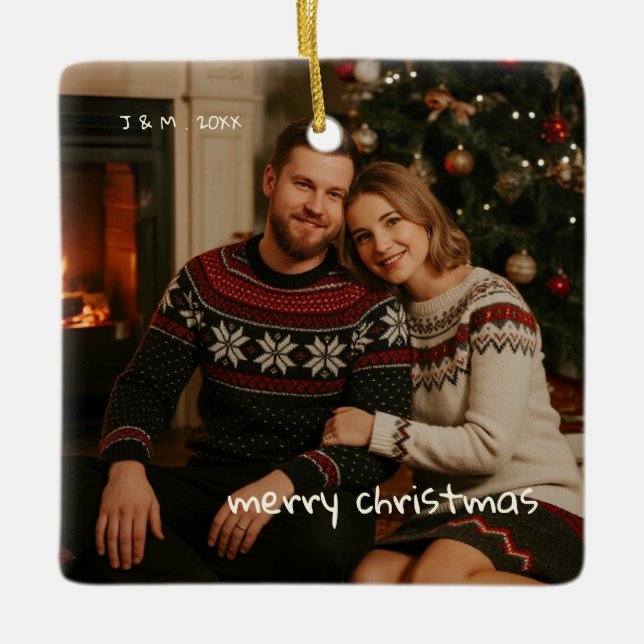 Photo Whimsical Red Doodle Christmas married Ceramic Ornament (Front)