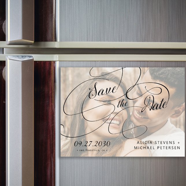 Photo white and black script wedding save the date magnetic invitation (Creator Uploaded)