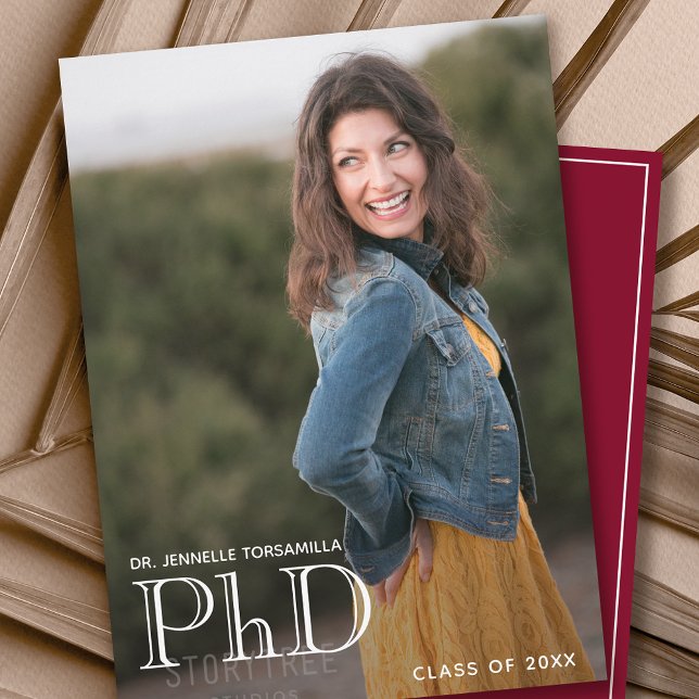 Photo White Burgundy PhD Graduation Announcement (Creator Uploaded)