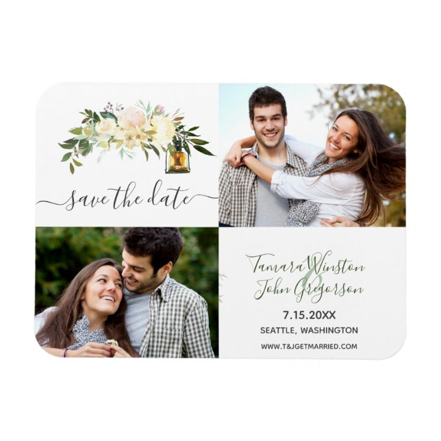 Photo White Peonies Rustic Lanterns Save The Date Magnet (Horizontal)