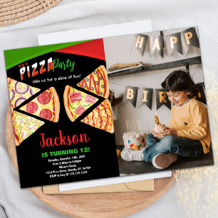 Photo White Red Green Pizza Birthday Invitations