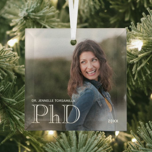 Photo White Words PhD Graduation Glass Tree Decoration (Insitu)