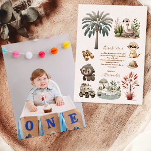Photo Wild One Jungle Safari Animals Boy 1st Thank You Card