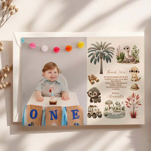 Photo Wild One Jungle Safari Animals Boy 1st Thank You Card