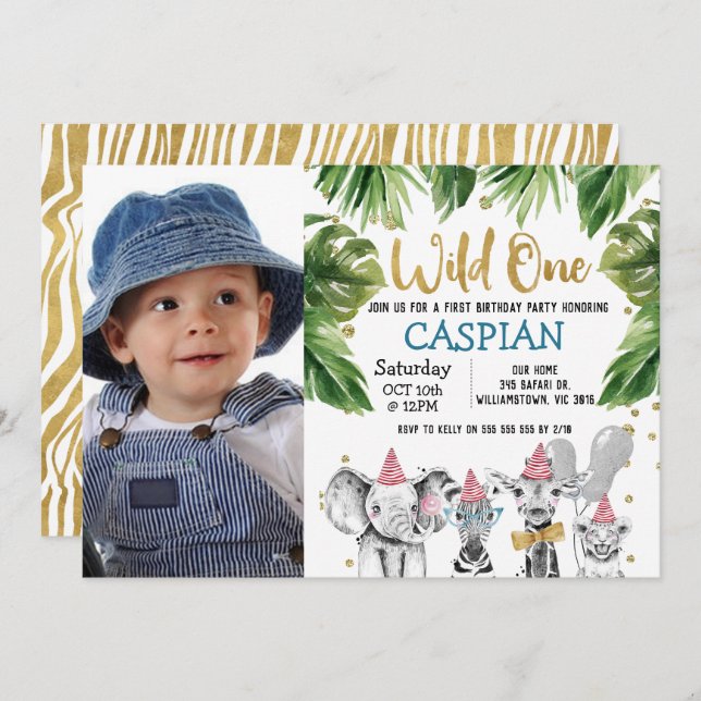 Photo Wild One Safari 1st Birthday Party Invitation (Front/Back)