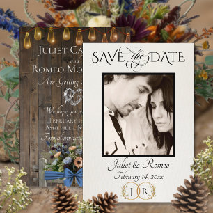 Photo, Wildflowers & Leaf Monogram - Blue Save The Date