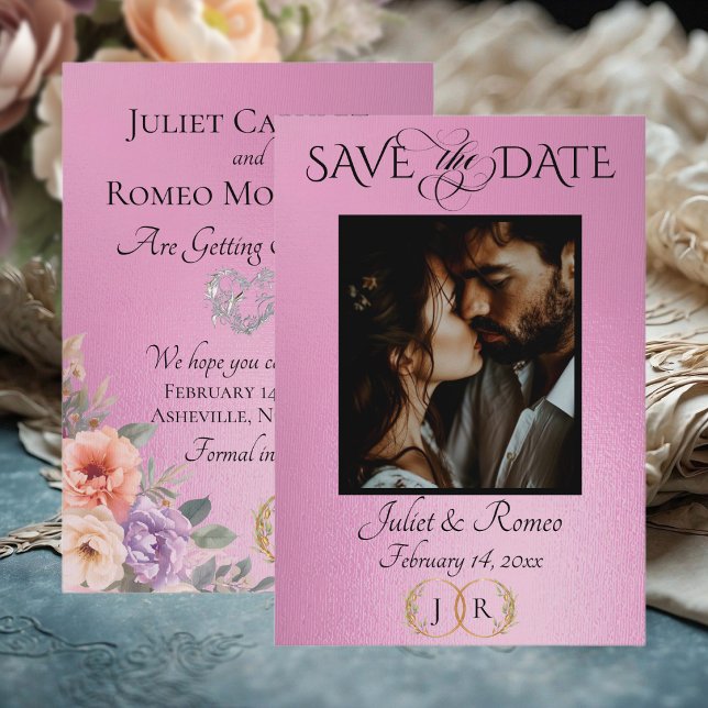 Photo, Wildflowers & Leaf Monogram - Rose Pink Save The Date (Creator Uploaded)