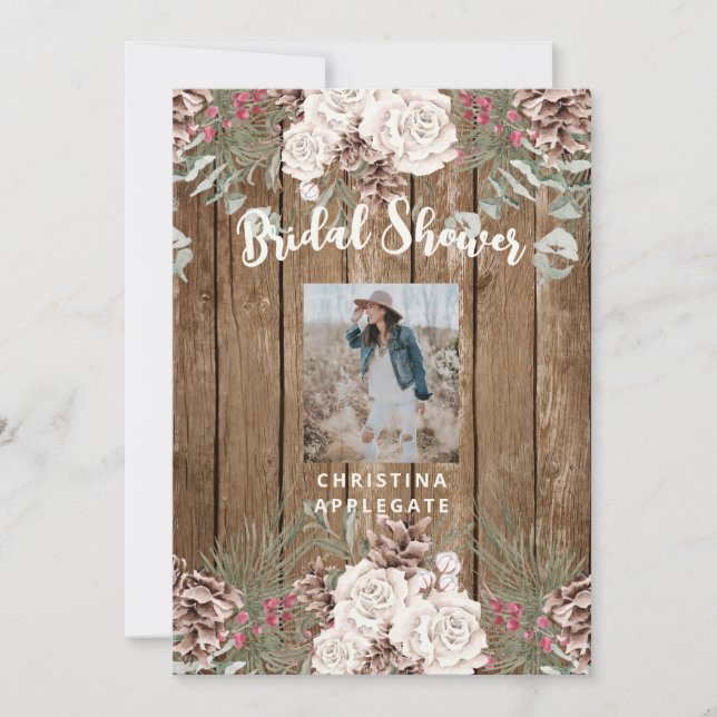 Photo Winter Pine Cone Rustic Bridal Shower Invitation (Front)