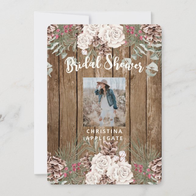 Photo Winter Pine Rustic Bridal Shower Rounded Invitation (Front)