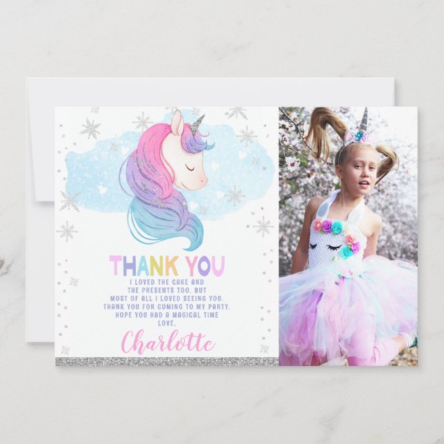 Photo Winter Unicorn Birthday Thank You Card (Front)