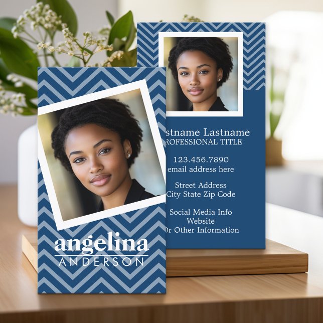 Photo with Blue Chevron Pattern Custom Name Business Card (Custom Business Cards)
