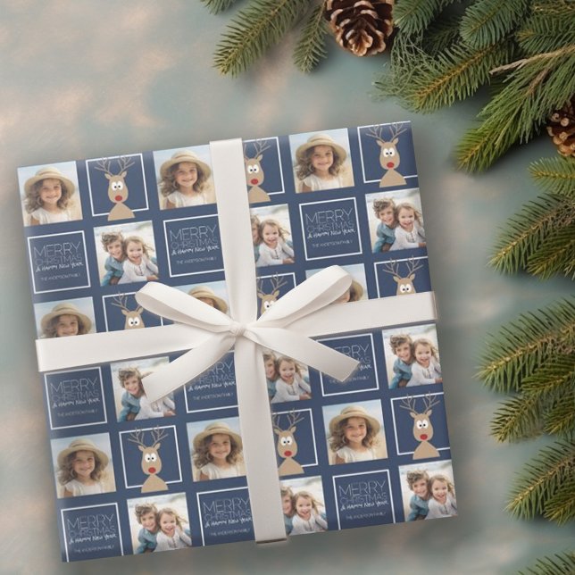 Photo with Cartoon Reindeer with Merry Christmas Wrapping Paper (Personalized wrapping paper with 2 photos)