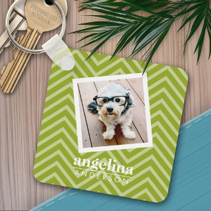 Photo with Chevron Pattern and Custom Name Key Ring