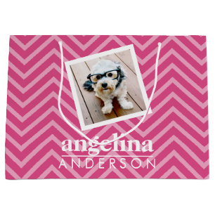 Photo with Chevron Pattern and Custom Name Large Gift Bag