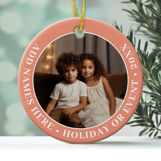 Photo with Coral Border and Custom Text - Minimal Ceramic Ornament