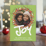 Photo with Farmhouse Berry Wreath - Joy Red Green Holiday Card<br><div class="desc">A modern design with a Christmas wreath and greeting. The flat art drawing of a holly berry and trig wreath highlights the fun photo and christmas greeting.</div>