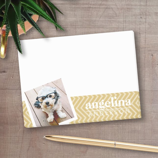 Photo with Gold Chevron Pattern and Custom Name Post-it Notes (Personalized post-it notes with an area to add your name or other text)