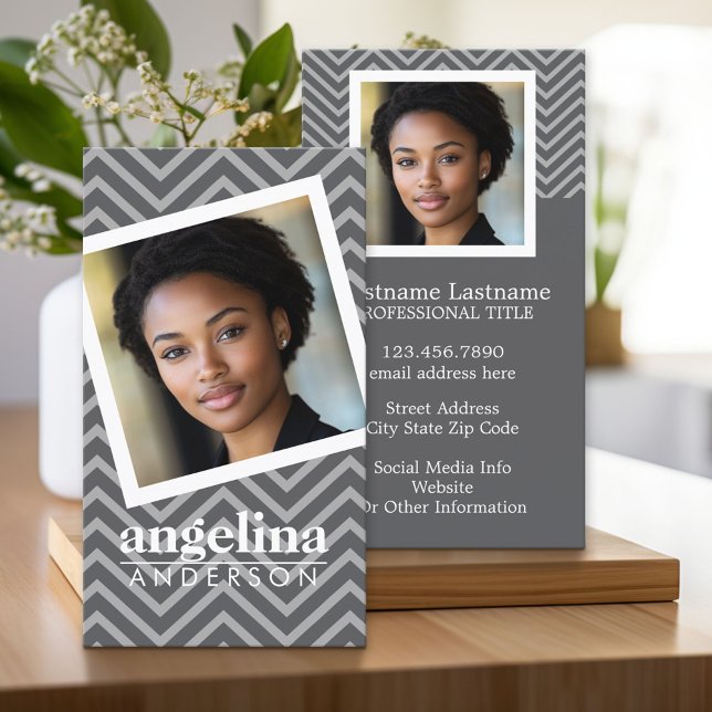 Photo with Grey Chevron Pattern Custom Name Business Card (Custom Business Cards)