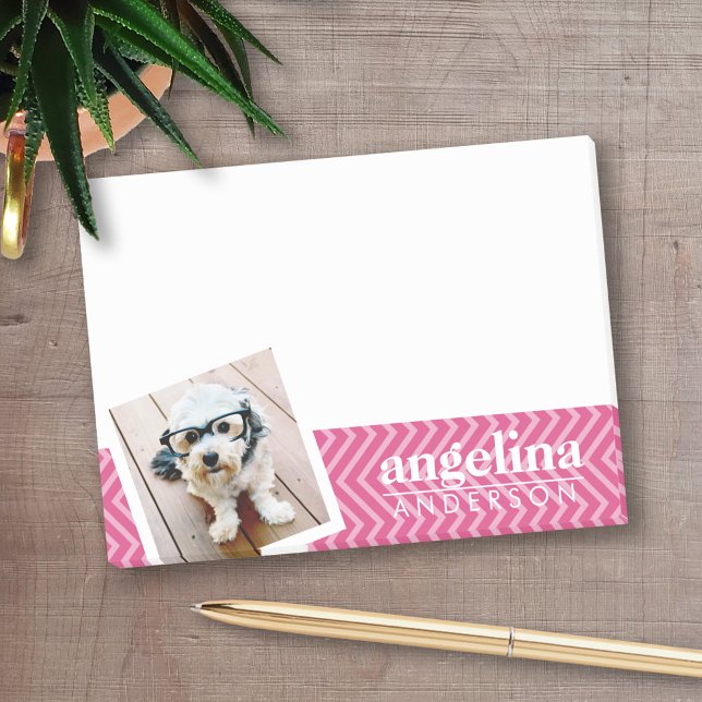 Photo with Hot Pink Chevron Pattern Custom Name Post-it Notes (Personalized post-it notes with an area to add your name or other text)