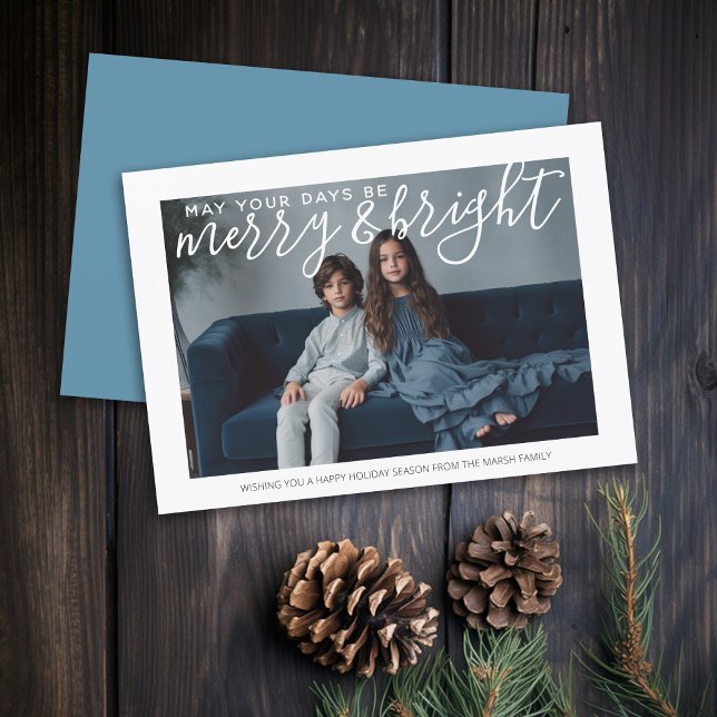Photo with huge Merry and Bright - pastel blue Holiday Card (Rustic Modern Christmas Card with 1 Photo and Type Overlay - Print and Download Options)