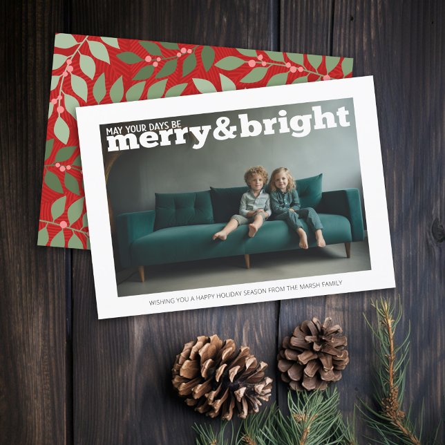 Photo with huge Merry & Bright - botanical back Holiday Card (Rustic Modern Christmas Card with 1 Photo and Type Overlay - Print and Download Options)