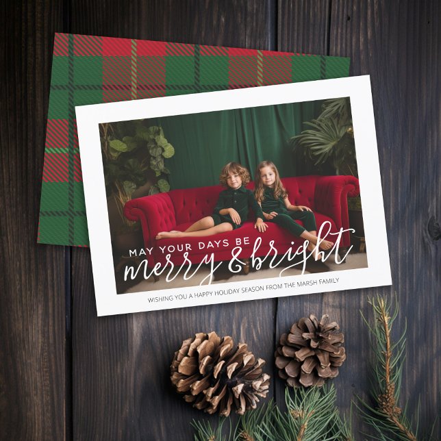 Photo with huge Merry & Bright - Red Green Plaid Holiday Card (Rustic Modern Christmas Card with 1 Photo and Type Overlay - Print and Download Options)
