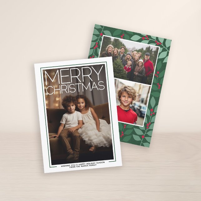 Photo with huge Merry Christmas - botanical back Holiday Card (3 Photo Christmas Card with Huge White Type Overlay - Print and Download Option)