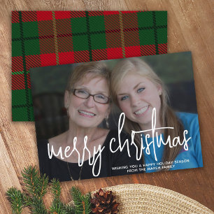 Photo with huge MERRY Christmas  - Red Green Plaid Holiday Card