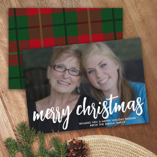Photo with huge MERRY Christmas  - Red Green Plaid Holiday Card