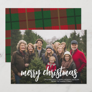 Photo with huge MERRY Christmas - Red Green Plaid Holiday Card