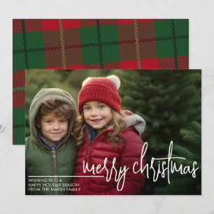 Photo with huge MERRY Christmas - Red Green Plaid Holiday Card