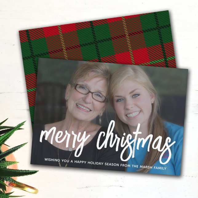 Photo with huge MERRY script - Christmas Plaid Holiday Card (Creator Uploaded)