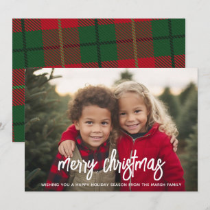 Photo with huge MERRY script - Christmas Plaid Holiday Card