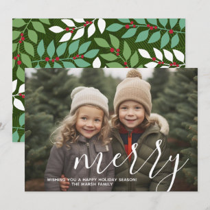 Photo with huge MERRY script white overlay - green Holiday Card