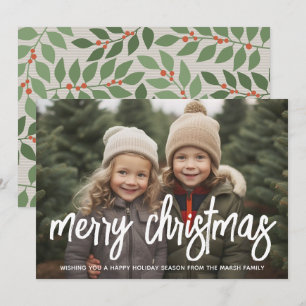 Photo with huge MERRY script white overlay - taupe Holiday Card