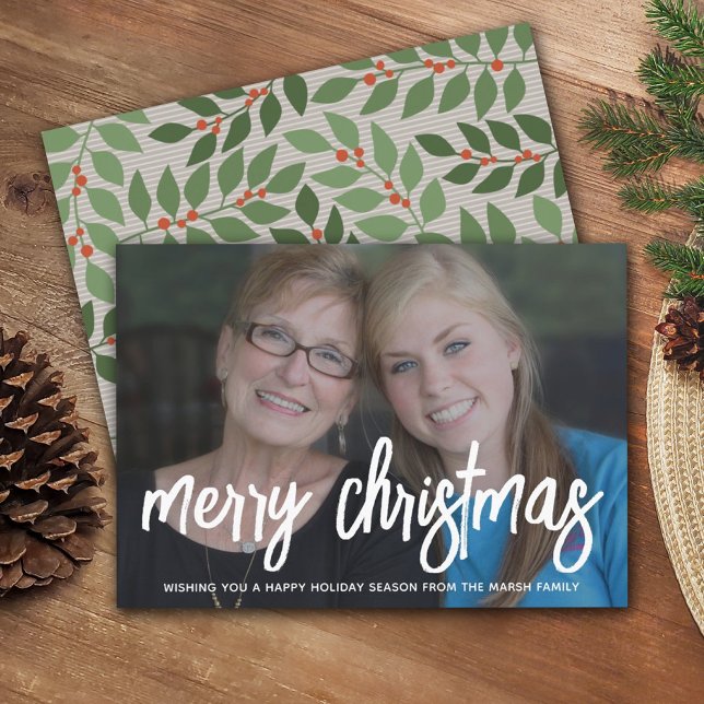 Photo with huge MERRY script white overlay - taupe Holiday Card (Creator Uploaded)