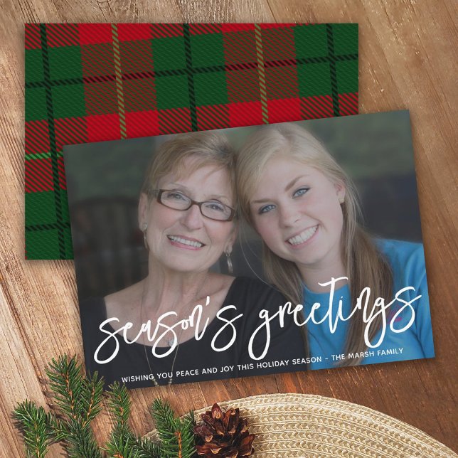 Photo with huge Season's Greetings Red Green Plaid Holiday Card (Creator Uploaded)