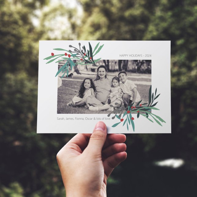 Photo with illustrated botanical motifs holiday card (Creator Uploaded)