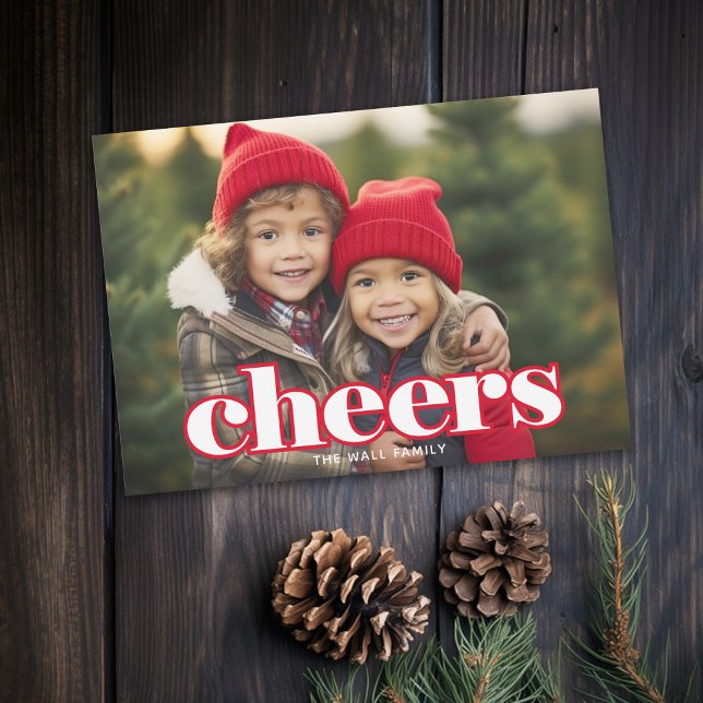 Photo with large Cheers - Botanical Back red green Holiday Card (Mod Christmas Photo card with Type Overlay - Print and Download Options Available)