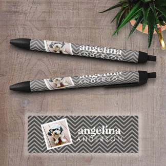 Photo with Modern Chevron Pattern and Custom Name Black Ink Pen