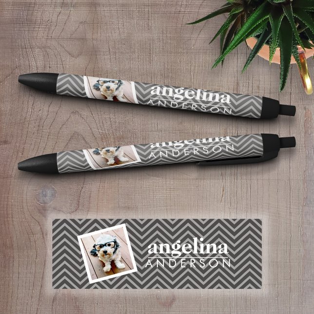 Photo with Modern Chevron Pattern and Custom Name Black Ink Pen (Personalized writing pen - Add a Photo and Text)