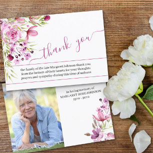 Photo with Pink Purple Flowers and Script Funeral Thank You Card