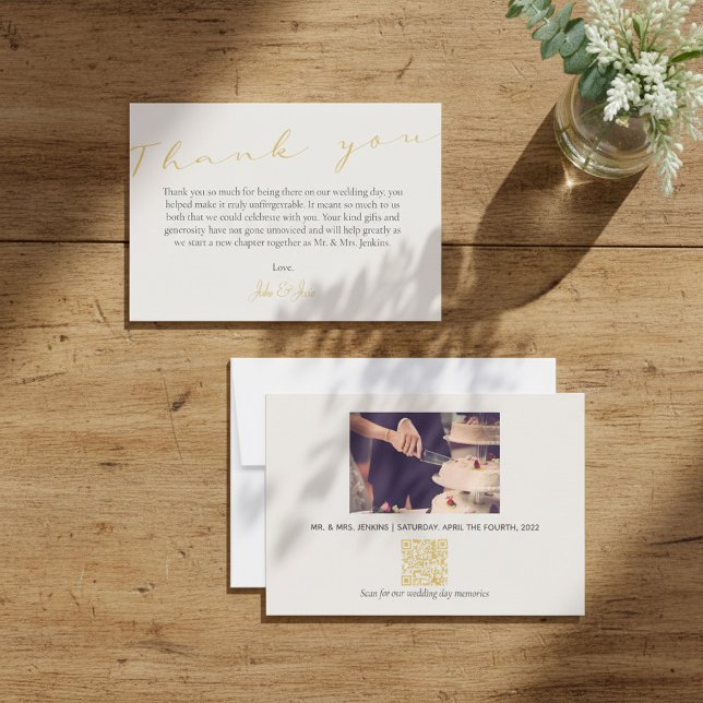 Photo with QR Code Elegant gold script Thank You Card (Photo with QR Code Elegant gold script Thank You Card.)