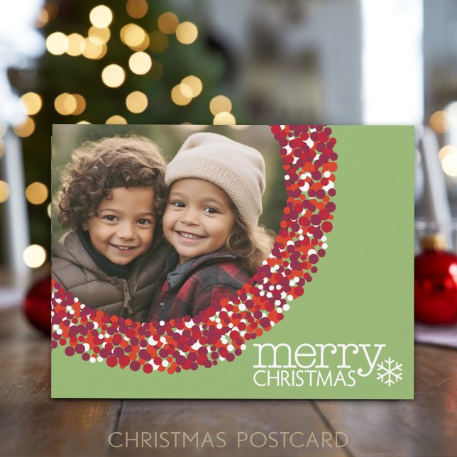 Photo with Red Berry Christmas Wreath Frame Holiday Postcard (Add 1 photo to this festive lime green and red berry holiday postcard)