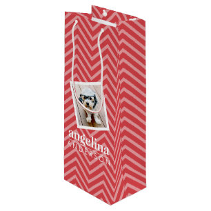 Photo with Red Chevron Pattern Custom Name Wine Gift Bag